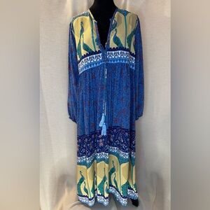R. Vivimos Peacock Print Boho Tassel Midi Dress Long Sleeve Blue Yellow 2XL